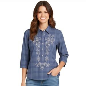 Patagonia NWOT Dulce Blue Plaid Embroidered Organic Cotton Blouse Size S